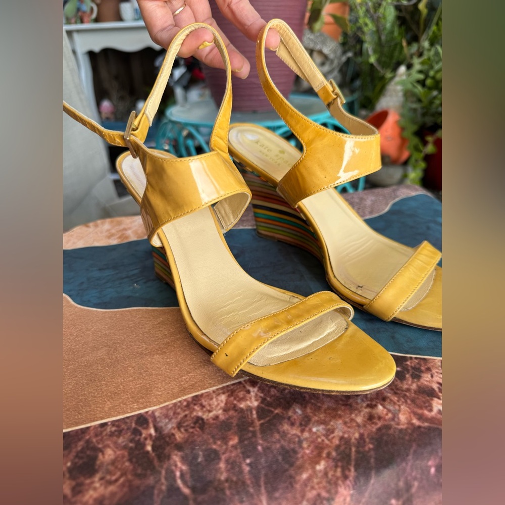 kate spade Yellow Patent Leather Wedge Sandals with Rainbow Stripe Heel
